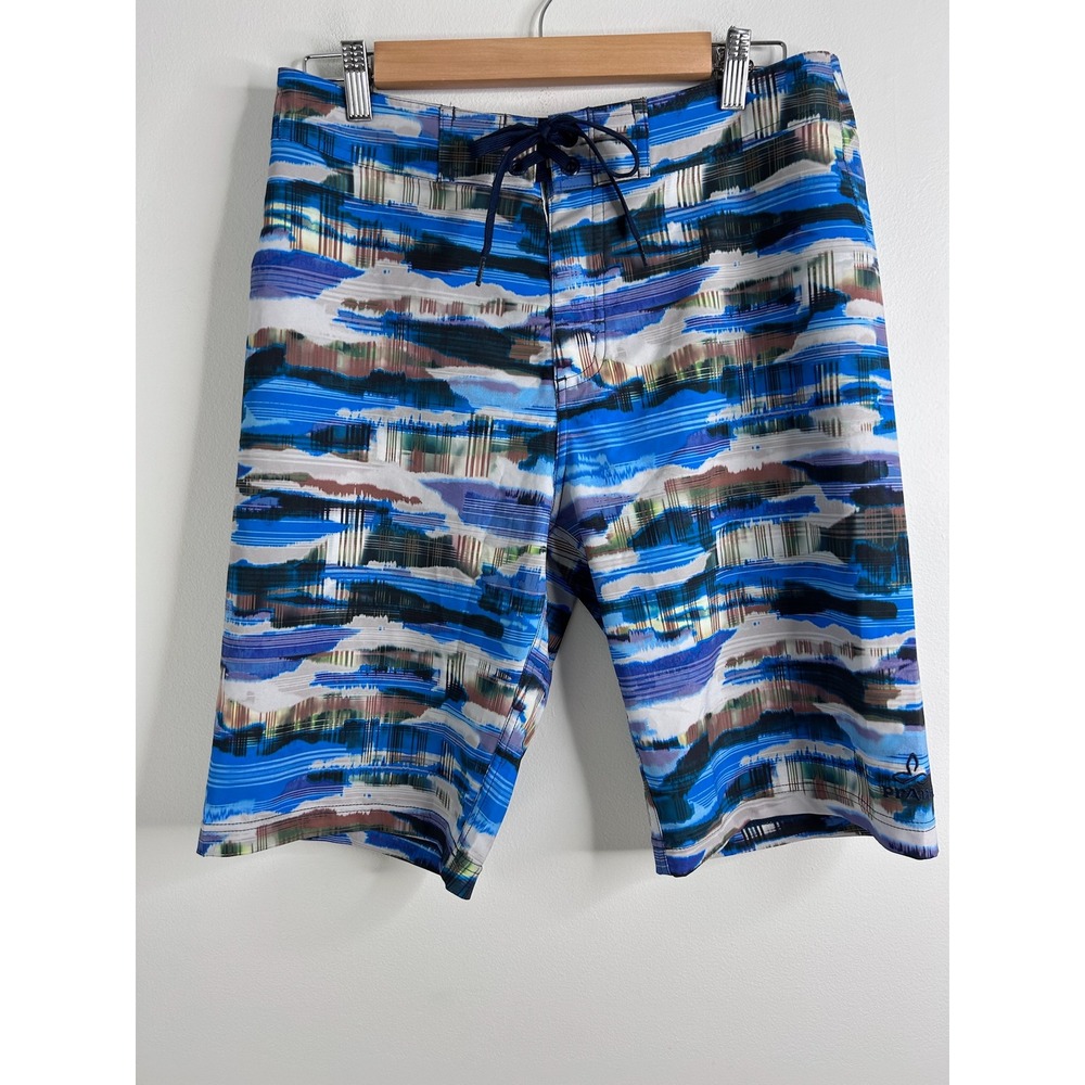 Prana Mens Blue Abstract Brushstroke Board Shorts Swim Trunks UPF 50+ Size 30